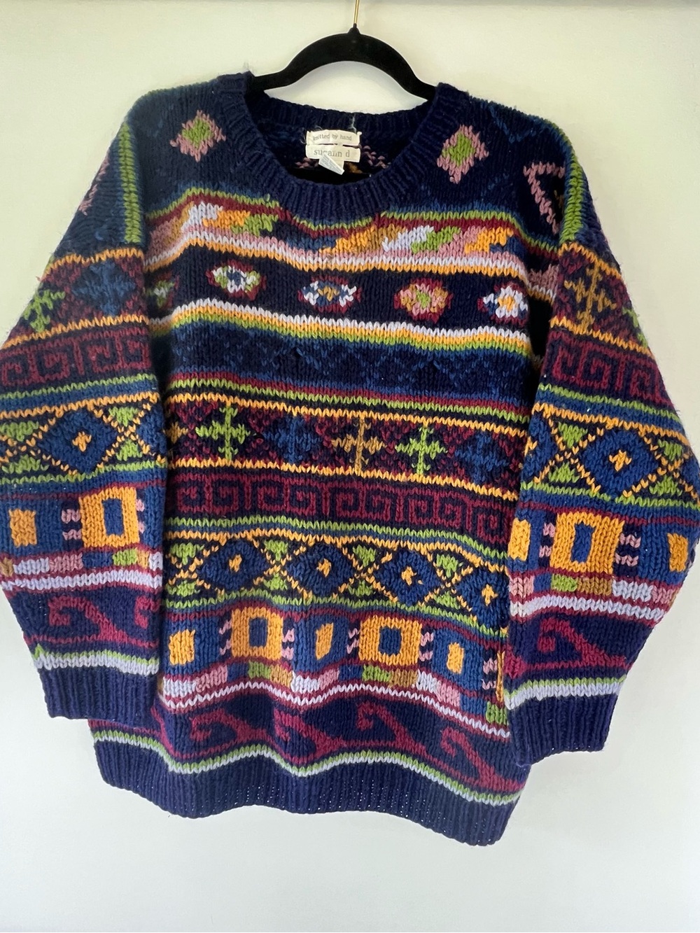 Vintage Susann D  Navy Multicolor Fair Isle Crew Neck Sweater Small Fall Wool